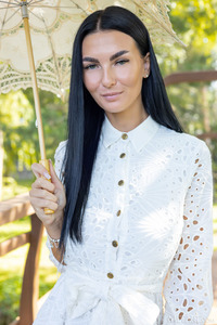 Simon Raven-haired Beauty Pops Open The Buttons To Expose Her Gorgeous Big Breasts